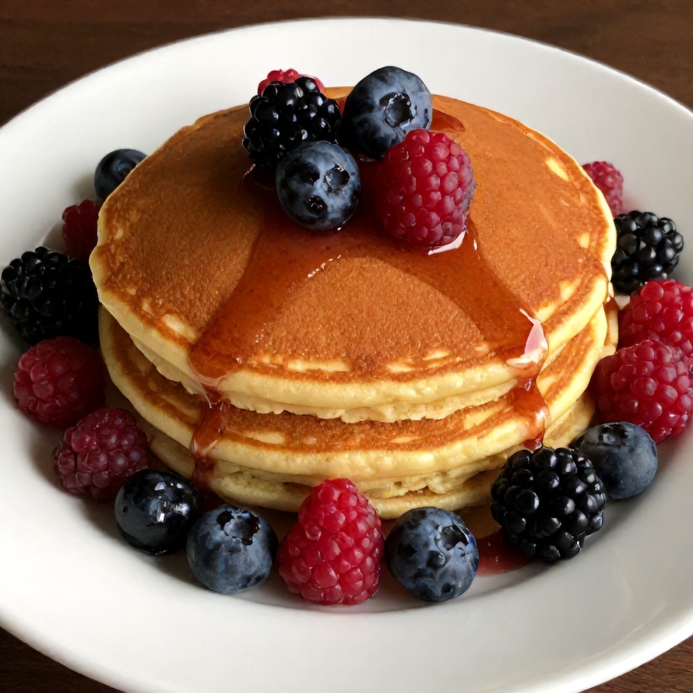 Stacked keto coconut flour pancakes with fresh berries