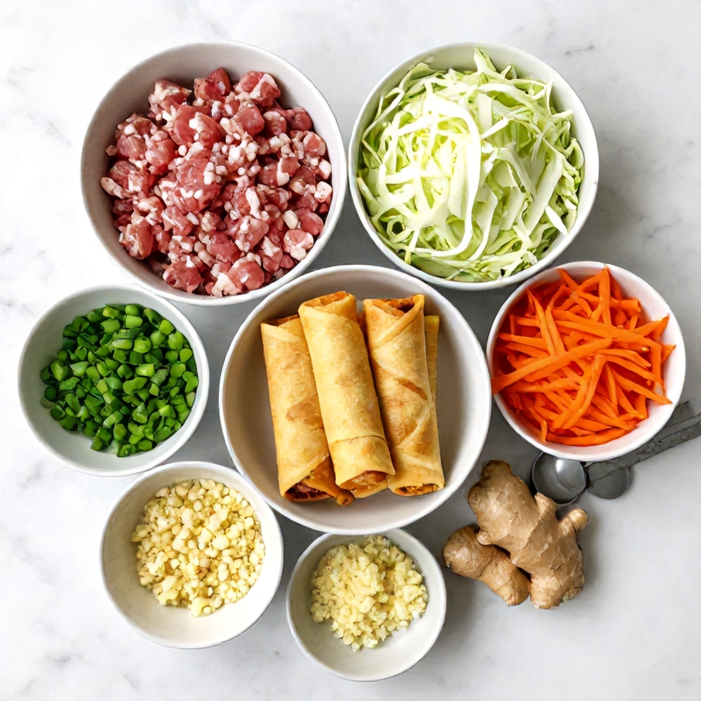 Keto Egg Roll in a Bowl ingredients laid out on a white marble surface