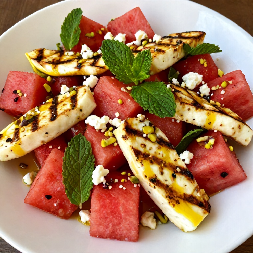 Plated keto watermelon salad with grilled halloumi and fresh mint