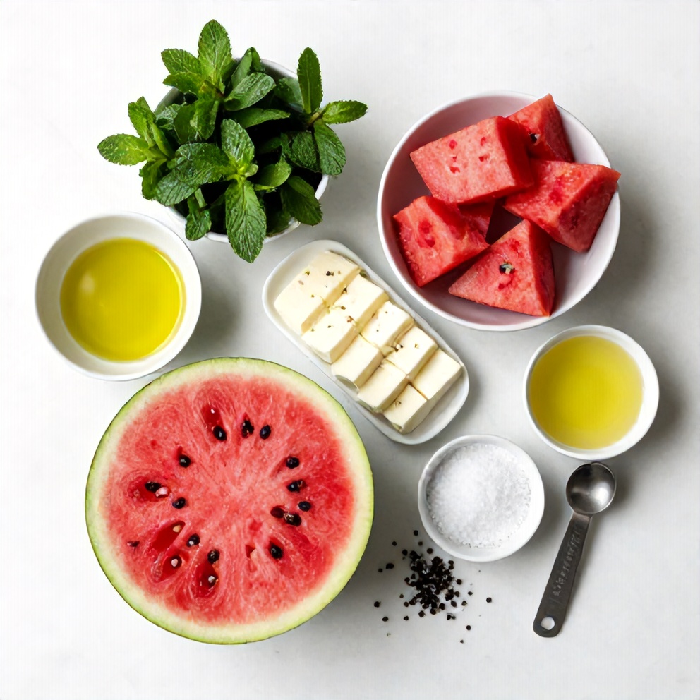 Raw ingredients for keto watermelon salad with halloumi and fresh mint