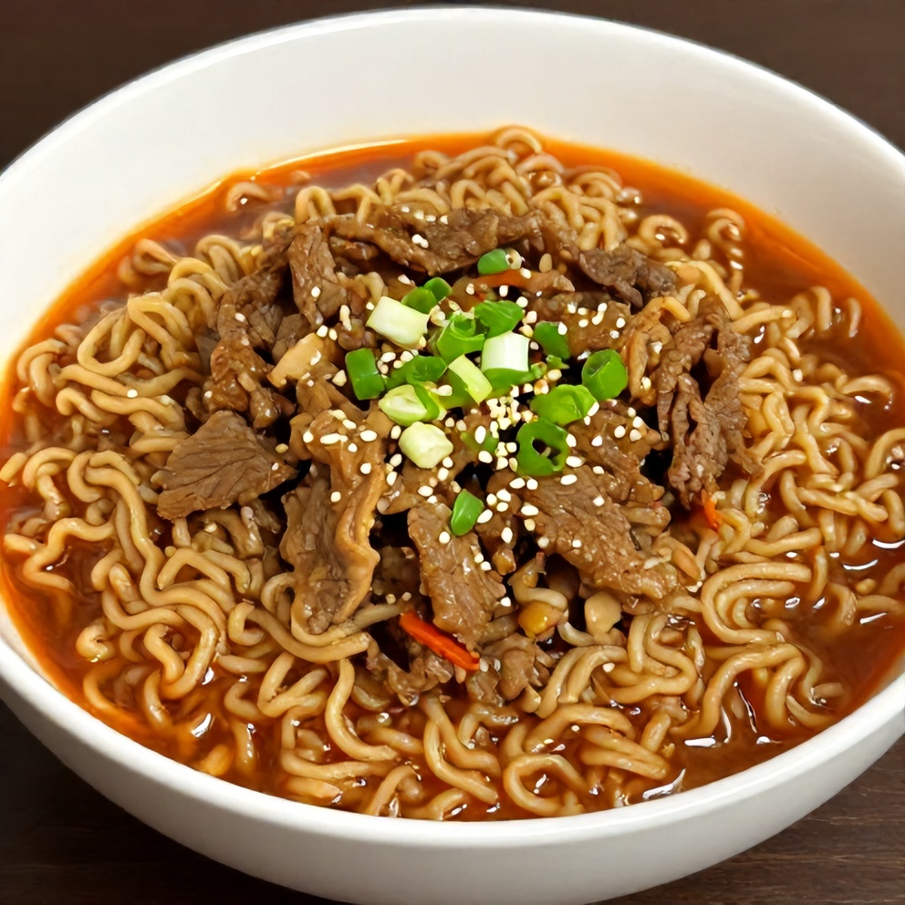 Perfectly plated serving of Easy Korean Beef Ramen on a white bowl, garnished with green onions and sesame seeds