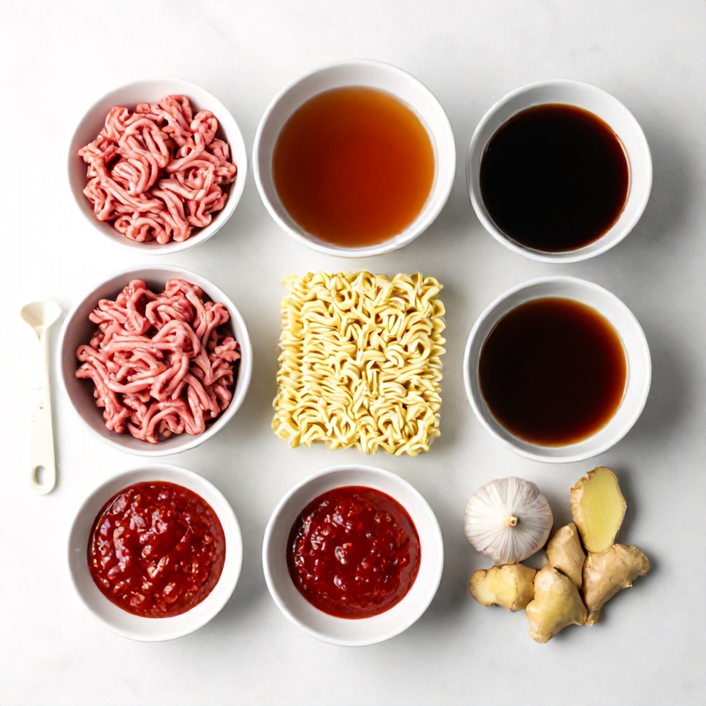 Raw ingredients for Easy Korean Beef Ramen laid out on a white marble surface, including beef, ramen noodles, and vegetables