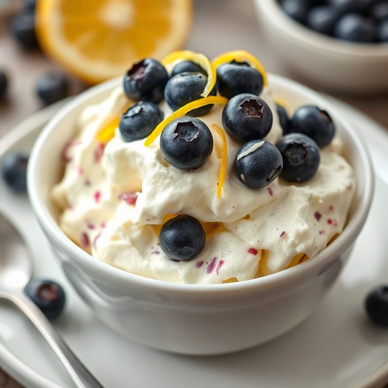 One serving of easy lemon blueberry fluff dessert in a wide-rimmed white ceramic bowl, topped with fresh blueberries and a twist of lemon zest, set on a dark slate surface.