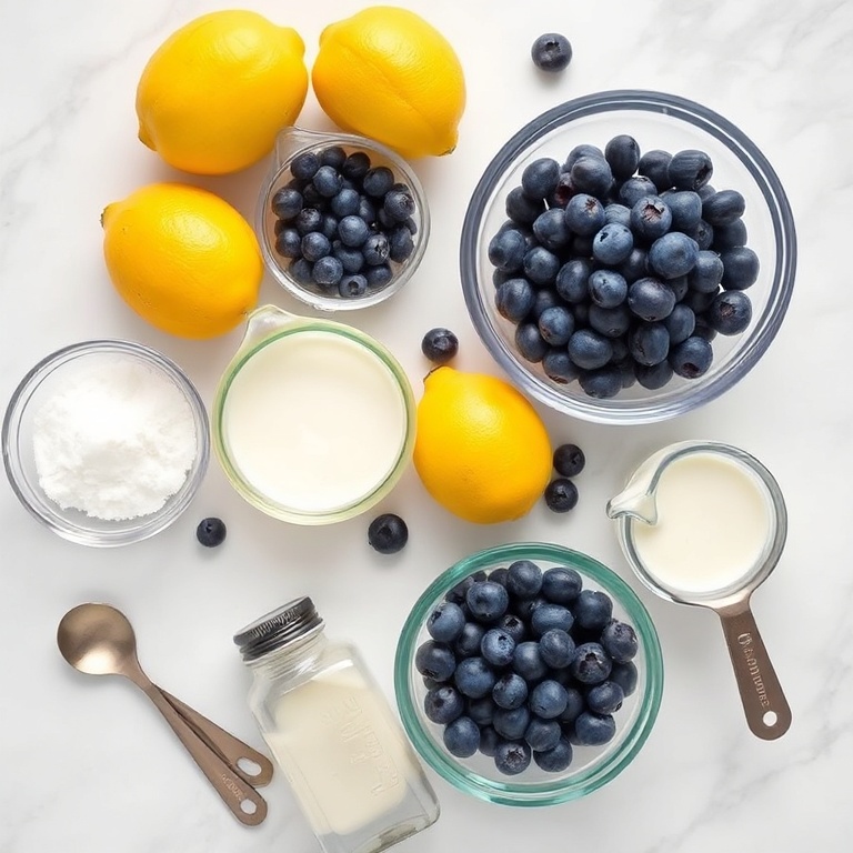 Overhead flat lay of fresh blueberries, lemons, granulated sugar, heavy cream, and vanilla extract arranged on white marble with glass measuring cups, stainless steel measuring spoons, and a small ceramic bowl.