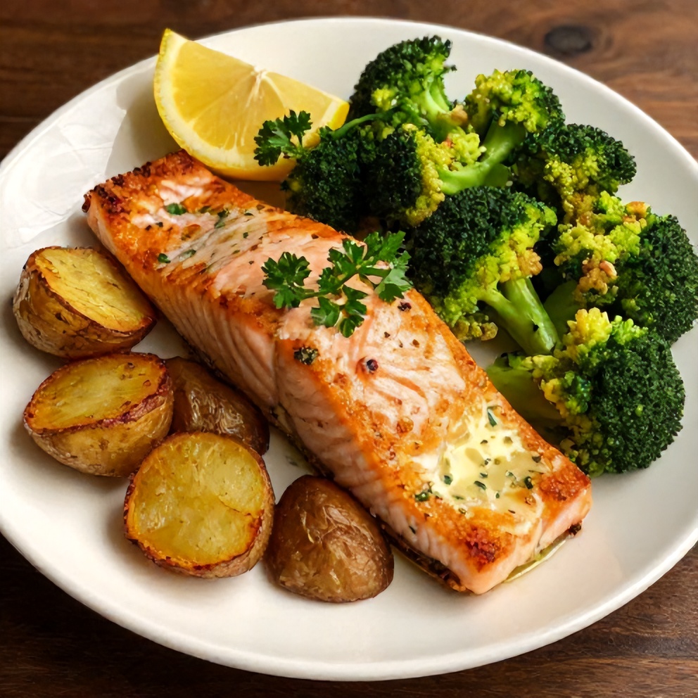 Easy Lemon Butter Salmon with crispy potatoes and broccoli