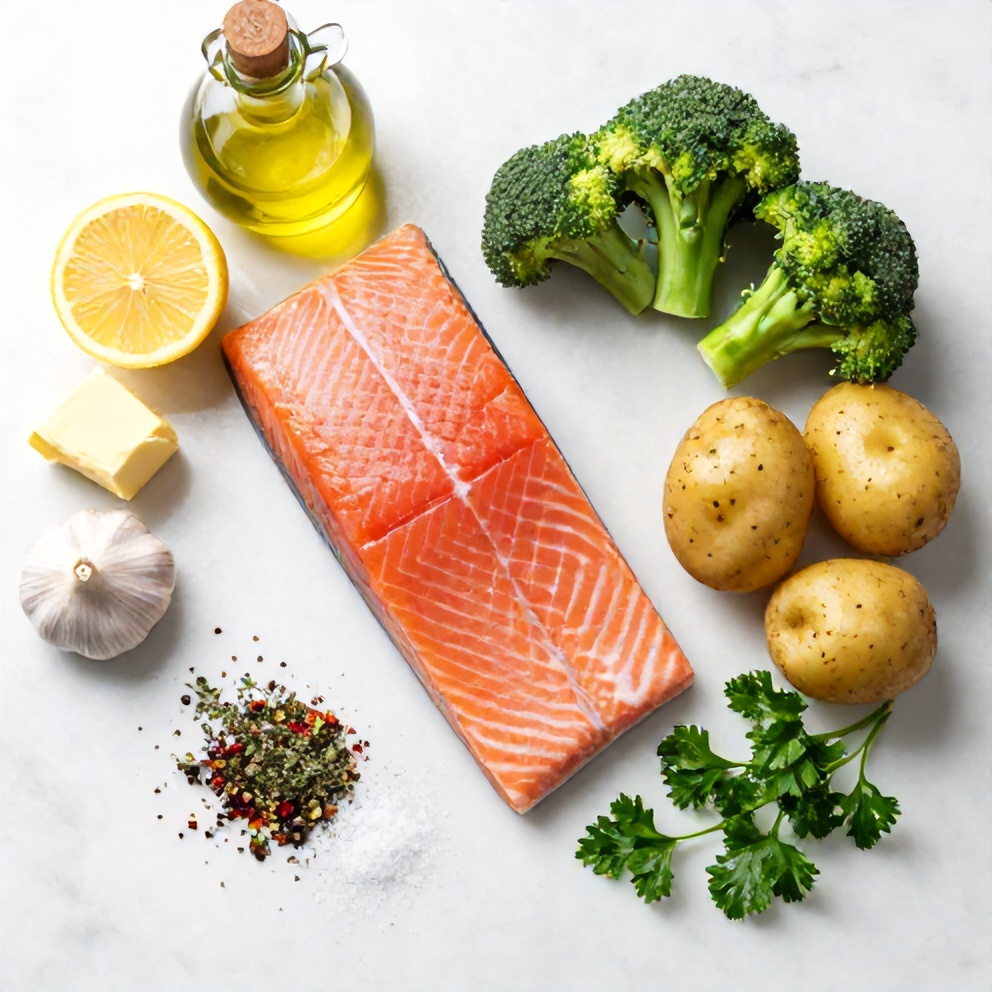 Raw ingredients for Easy Lemon Butter Salmon with crispy potatoes and broccoli