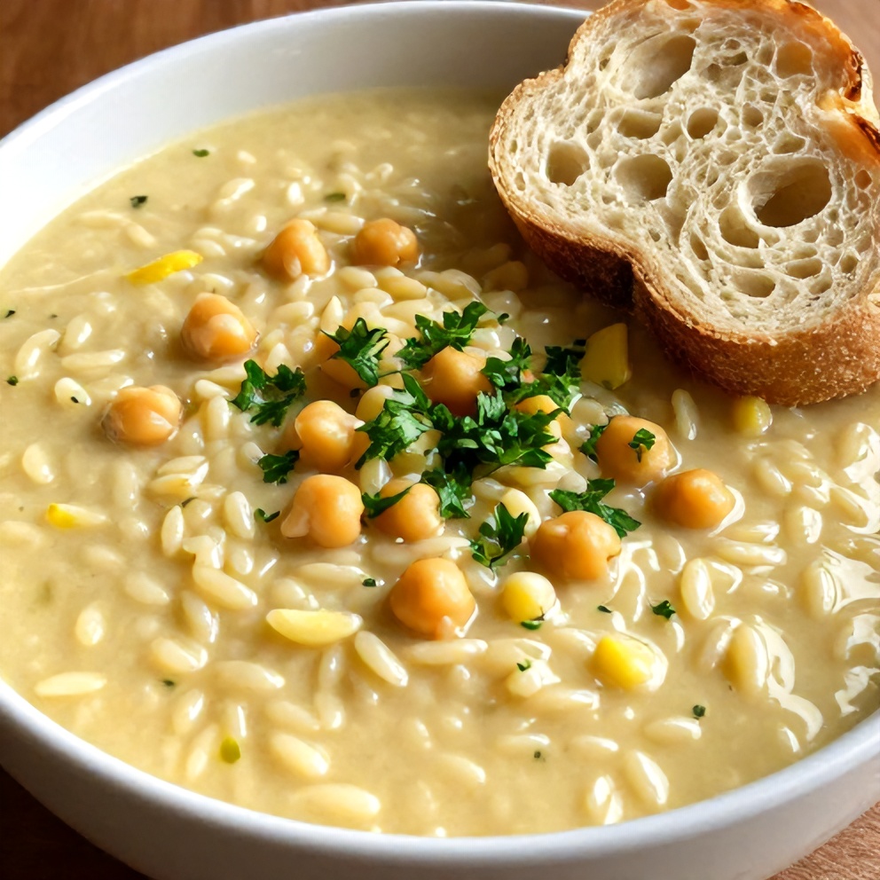 Bowl of Lemon Chickpea Orzo Soup with crusty bread