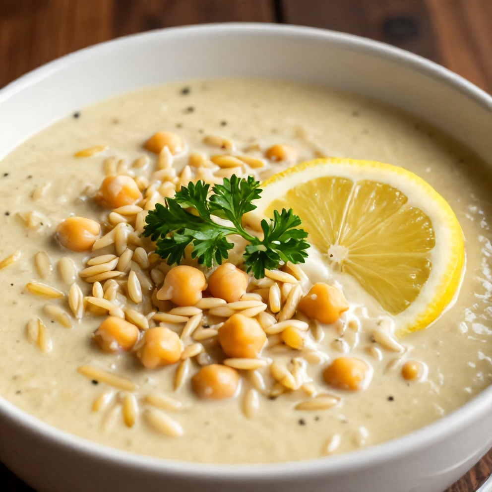 Lemon Chickpea Orzo Soup with a lemon slice