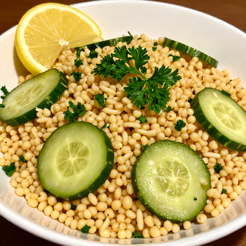 Lemon Cucumber Couscous Salad served in a bowl with a lemon slice