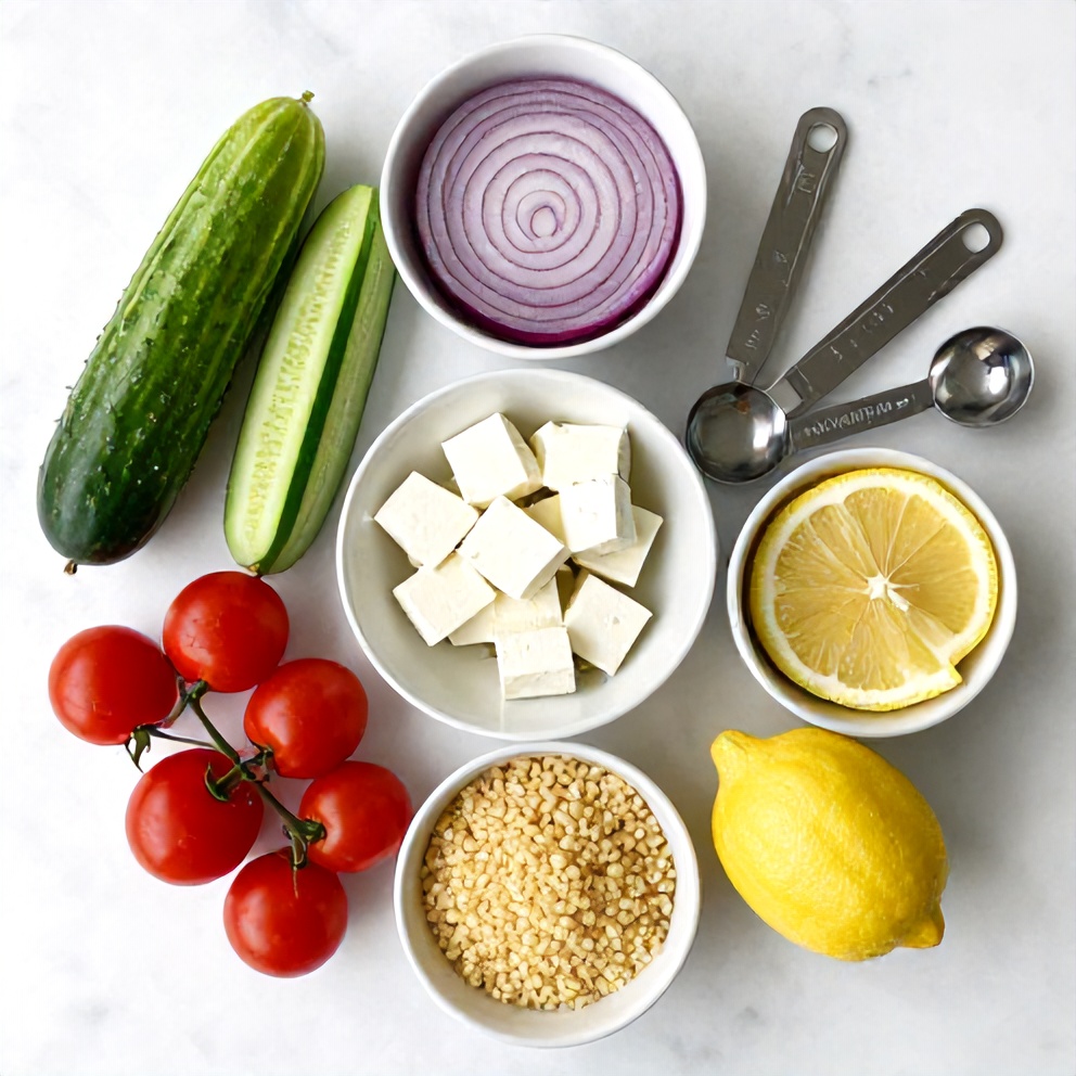 Ingredients for Lemon Cucumber Couscous Salad on a white marble surface