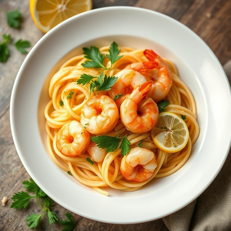 Plated lemon garlic shrimp pasta in a ceramic pasta bowl garnished with fresh parsley and lemon zest.