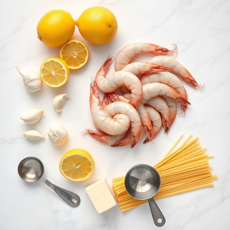 Overhead flat lay of raw shrimp, spaghetti, garlic cloves, lemons, and butter on white marble with small prep bowls and measuring spoons.