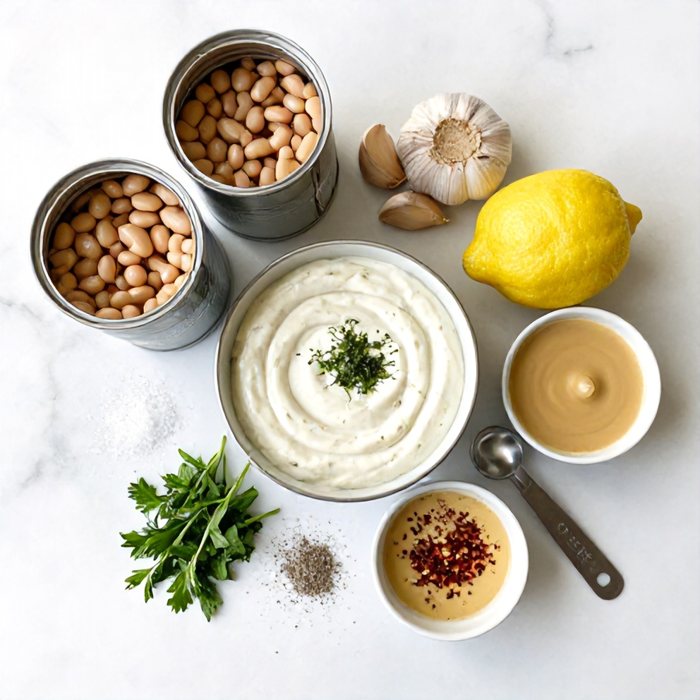 White beans, lemon, garlic, herbs, tahini, and olive oil on a marble surface