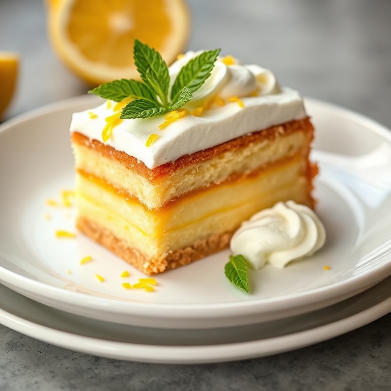 Single serving of easy lemon icebox cake on a white ceramic dessert plate, garnished with lemon zest and fresh mint