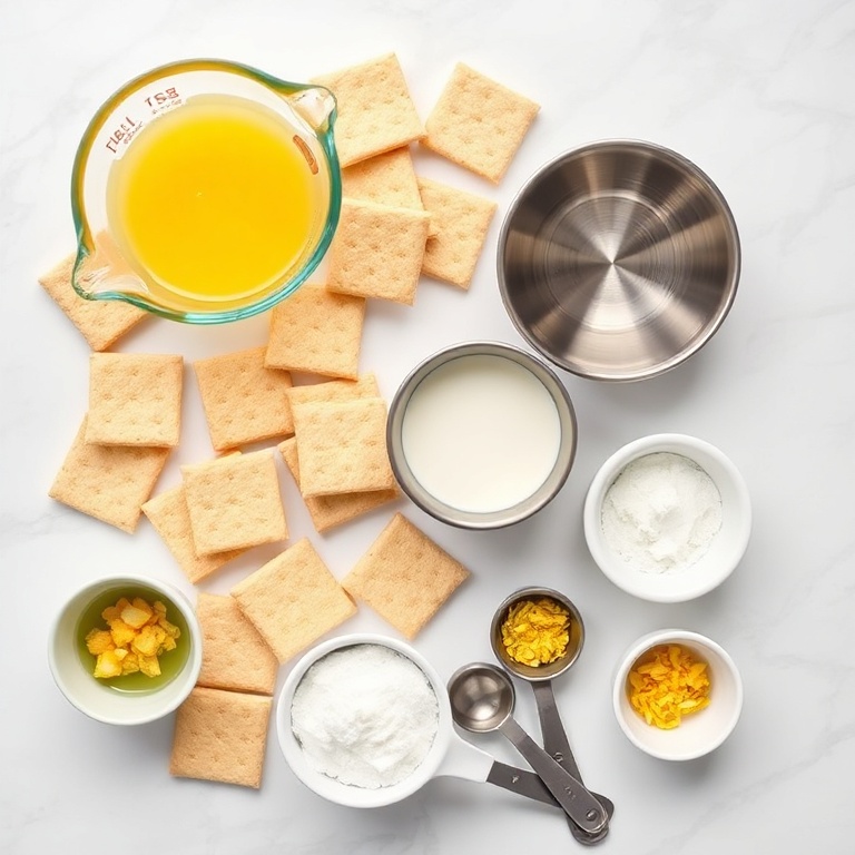 Overhead flat lay of graham crackers, lemon juice, heavy cream, granulated sugar, and lemon zest arranged with small prep bowls and measuring spoons on white marble