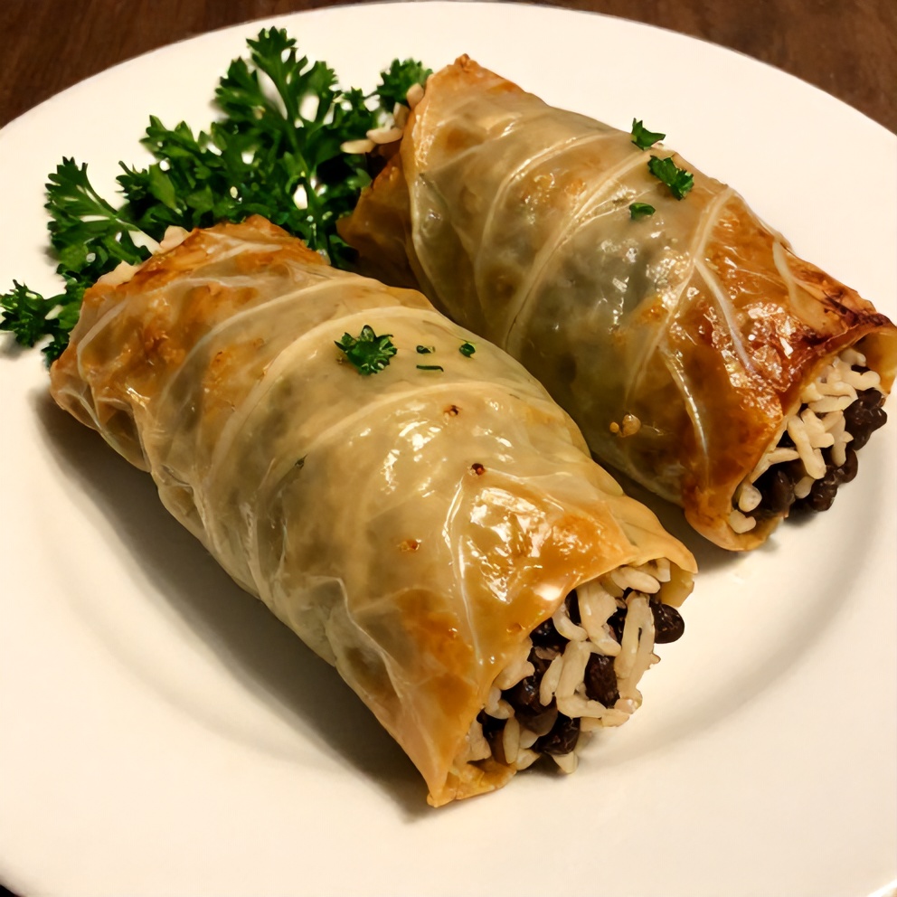 Plated Lentil and Rice Stuffed Cabbage Rolls with a side of fresh parsley