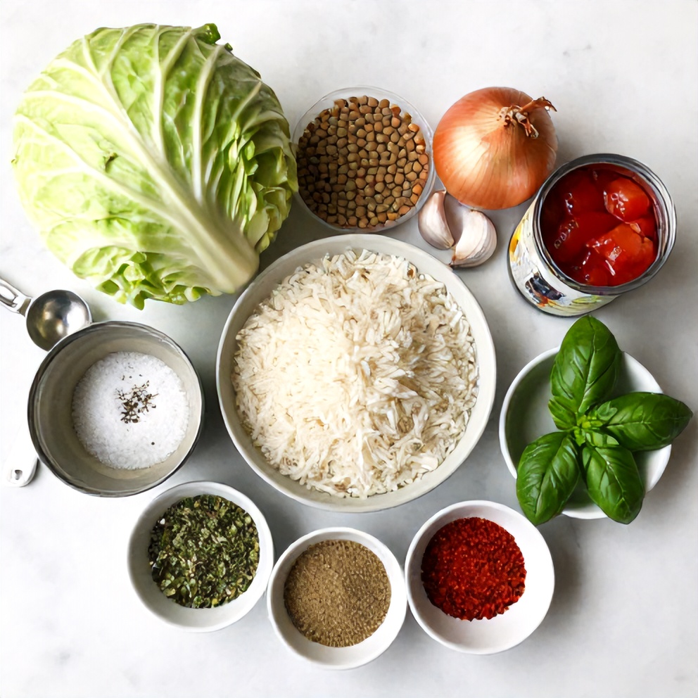 Raw ingredients for Lentil and Rice Stuffed Cabbage Rolls on a marble surface