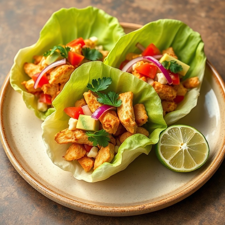 One plated serving of easy loaded chicken lettuce cups on a rustic ceramic plate with lime wedge garnish