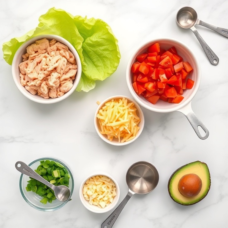 Raw ingredients for easy loaded chicken lettuce cups: ground chicken, butter lettuce leaves, shredded cheddar, diced tomatoes, avocado, red onion, cilantro, lime, and spices