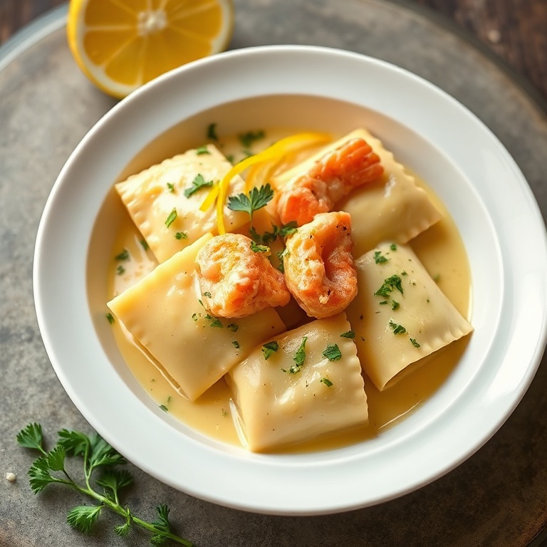 One bowl of lobster ravioli in creamy lemon butter sauce, topped with lemon zest and chopped parsley, served in a white ceramic shallow bowl with warm side lighting highlighting sauce gloss and pasta texture