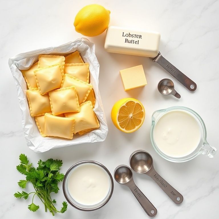 Fresh lobster ravioli, unsalted butter, heavy cream, fresh lemon juice and zest, minced garlic, grated Parmesan, fresh parsley, small prep bowls and stainless steel measuring spoons on white marble