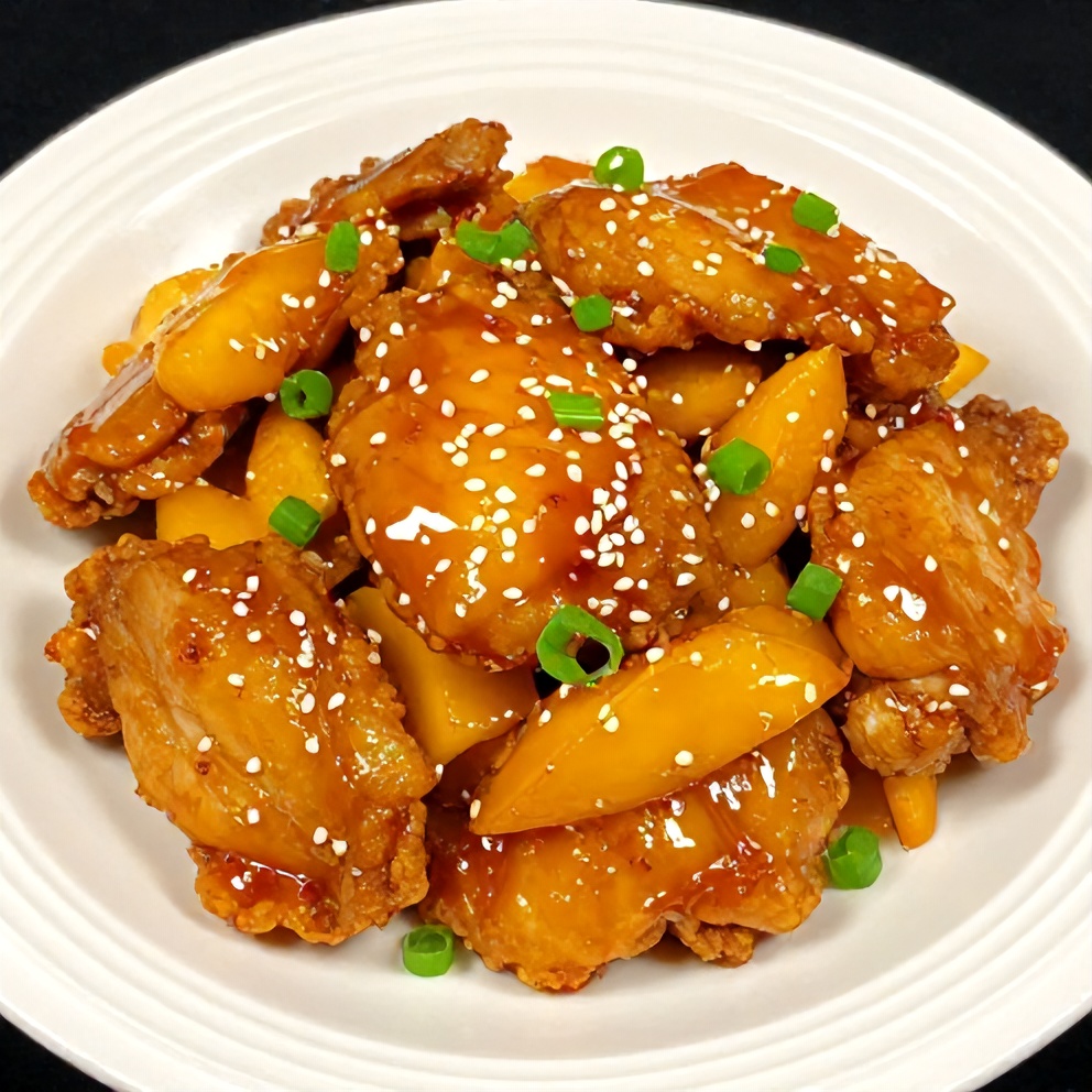Plated Mango Glazed Chicken with green onions