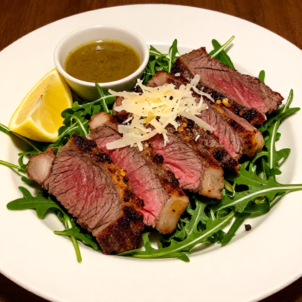 Plated steak and arugula salad with lemon dressing