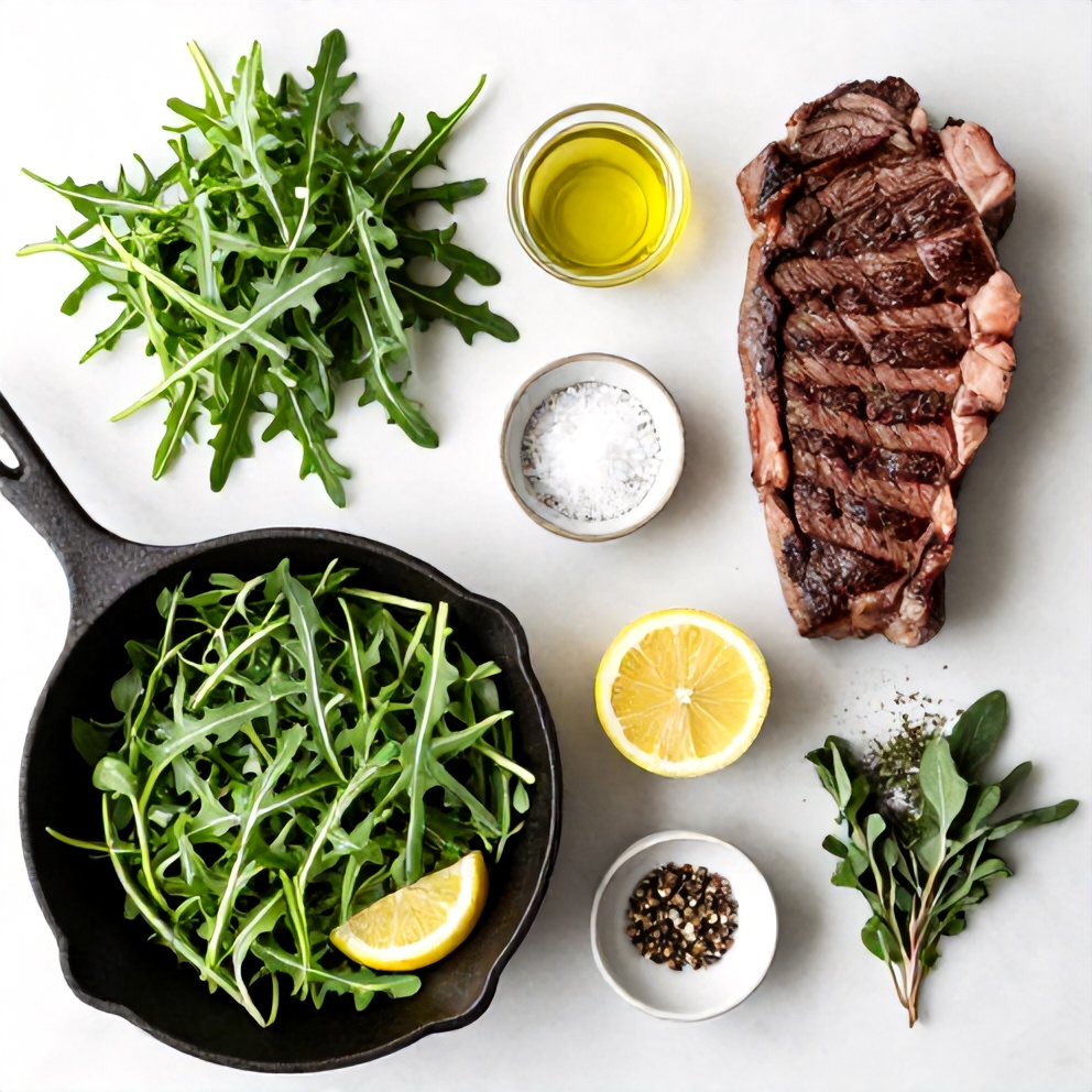 Raw ingredients for steak and arugula salad