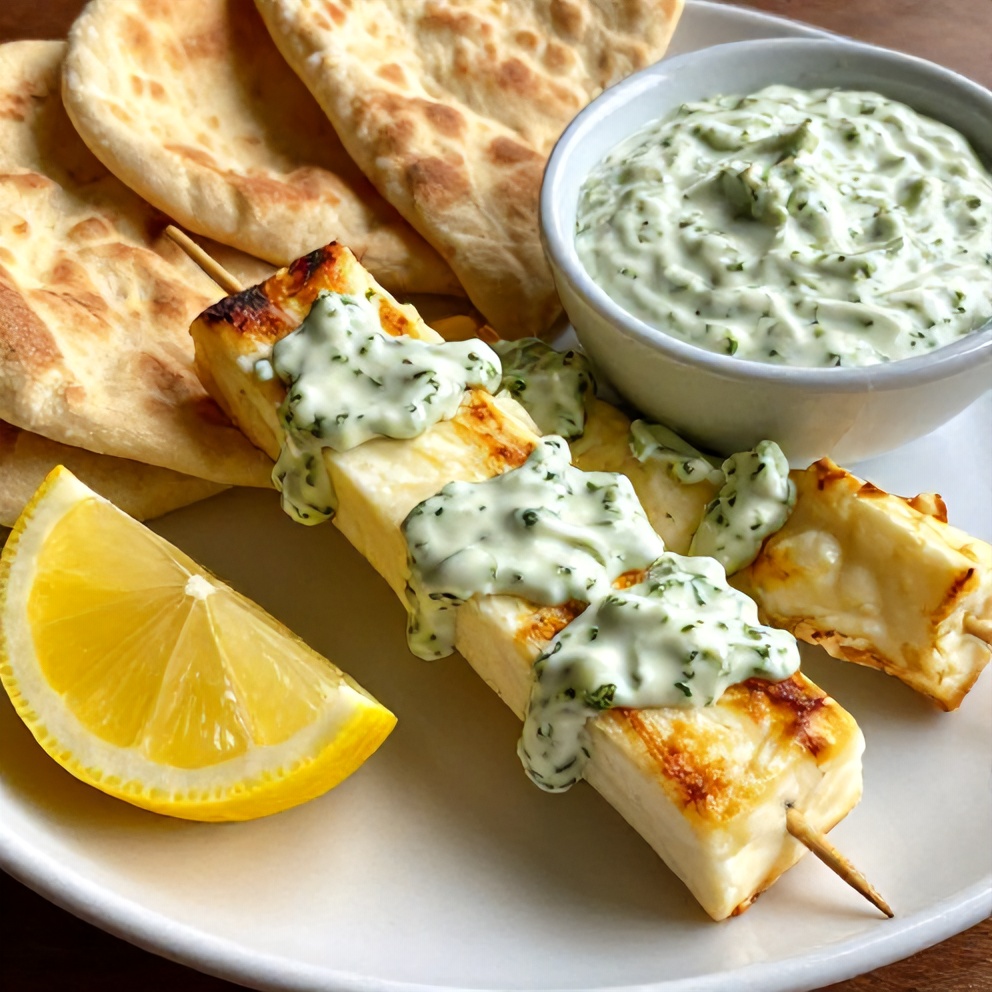 Plated Halloumi Skewers with Creamy Herb Sauce