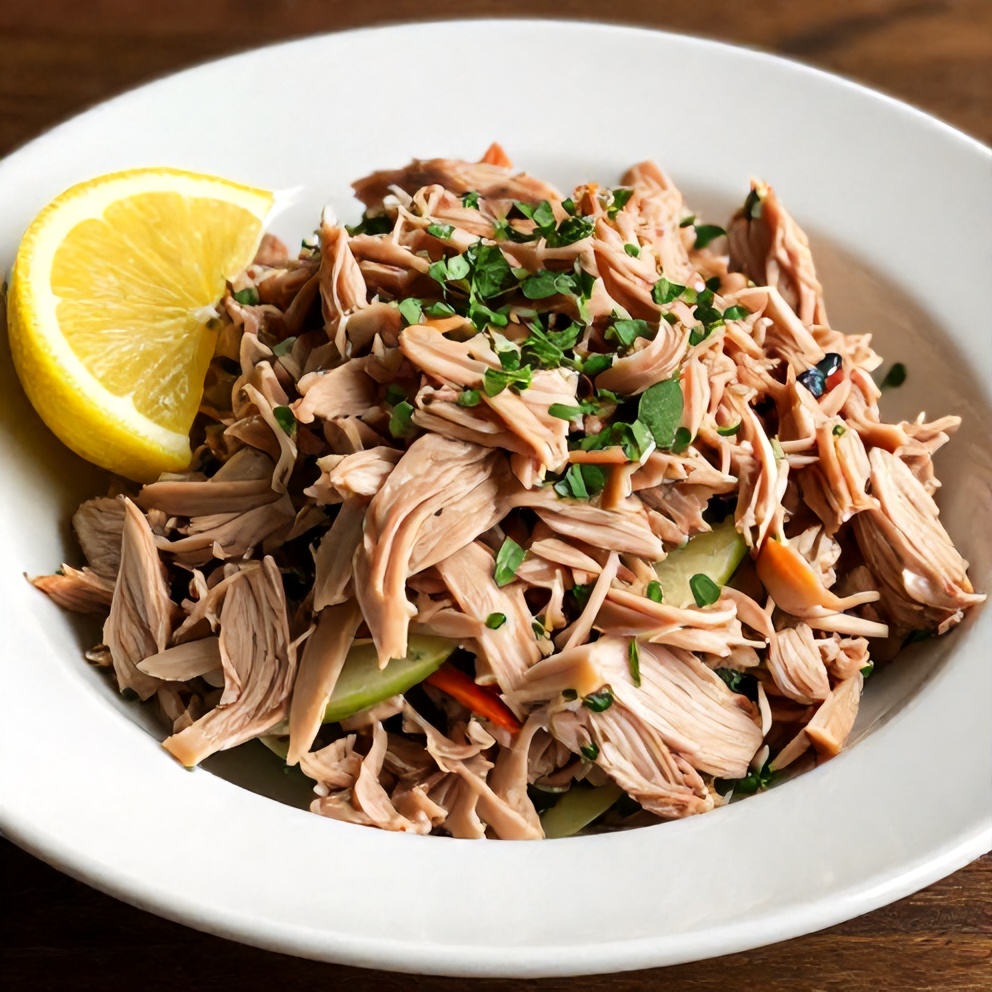 Plated Mediterranean tuna salad with a lemon wedge and fresh oregano garnish