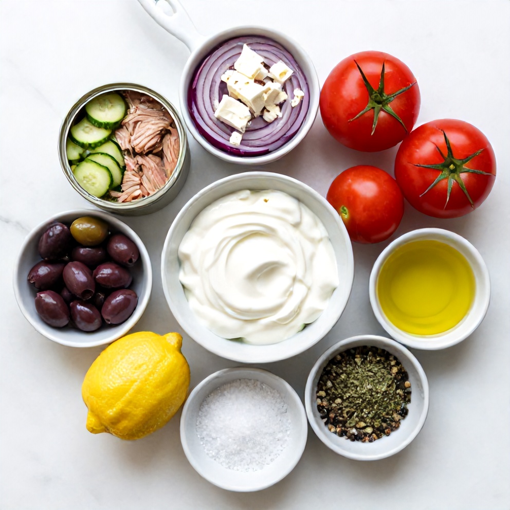 Raw ingredients for Mediterranean tuna salad: canned tuna, cucumbers, tomatoes, red onion, Kalamata olives, feta cheese, Greek yogurt, lemon, olive oil, salt, pepper, and oregano