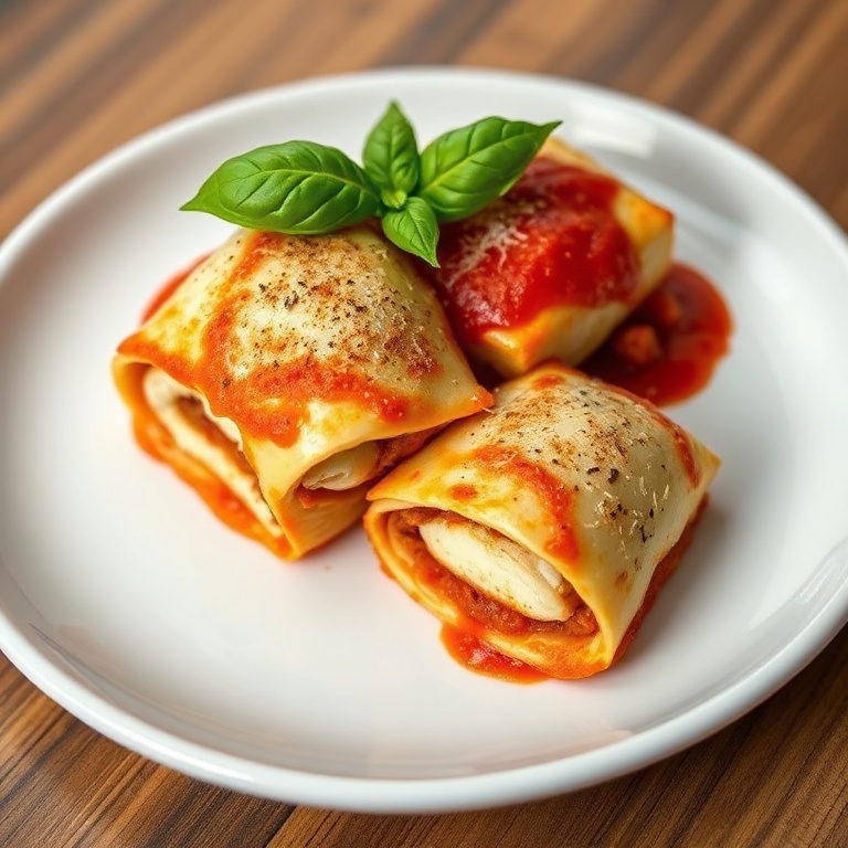 One plated mini lasagna roll cut in half showing creamy ricotta and meat sauce layers, garnished with fresh basil leaves, served on white ceramic plate with side of garlic bread