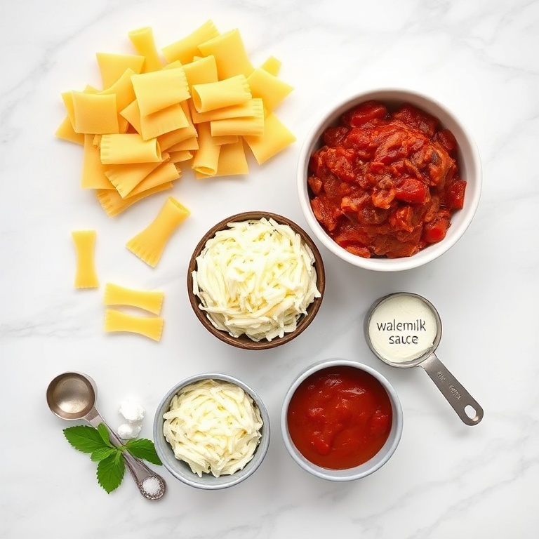 Overhead flat lay of no-boil lasagna noodles, whole-milk ricotta, shredded mozzarella, ground beef, marinara sauce, garlic cloves, olive oil, fresh basil leaves, small prep bowls, stainless steel measuring cups and spoons on white marble