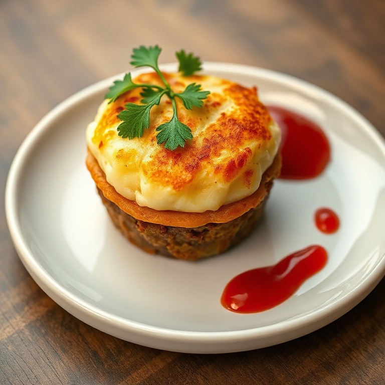 One mini meatloaf muffin with mashed potato topping on a white ceramic plate, garnished with fresh parsley, side of ketchup drizzle, warm lighting