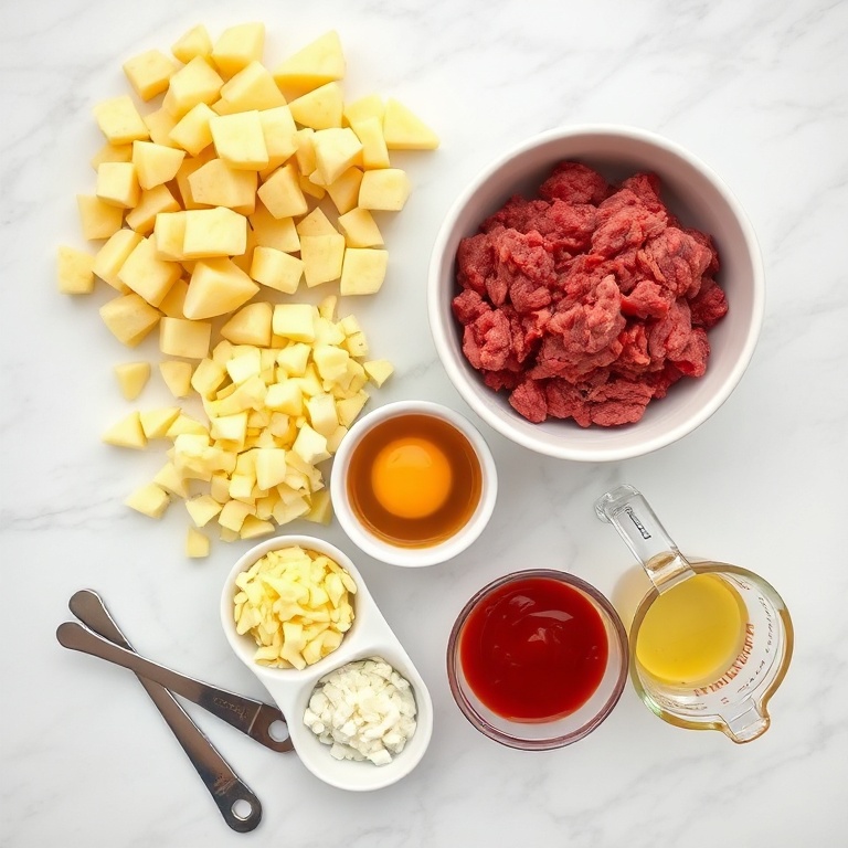 Ground beef, russet potatoes, yellow onion, eggs, breadcrumbs, milk, ketchup, garlic powder, salt, pepper, and fresh parsley arranged overhead on white marble with measuring cups and spoons