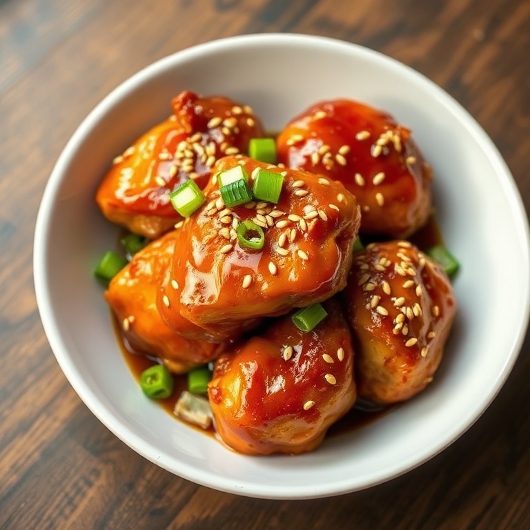 Crispy mongolian chicken thighs plated on a white ceramic bowl, glossy sauce pooling, topped with toasted sesame seeds and sliced green onions.