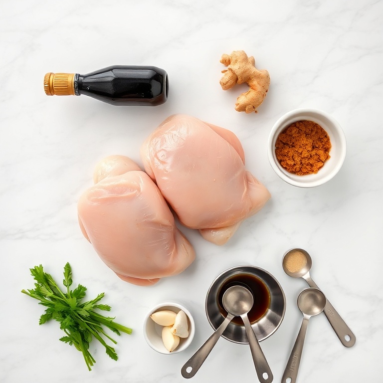 Overhead flat lay: bone-in chicken thighs, soy sauce bottle, brown sugar, garlic cloves, ginger root, small bowl of sesame oil, measuring spoons, white marble surface.