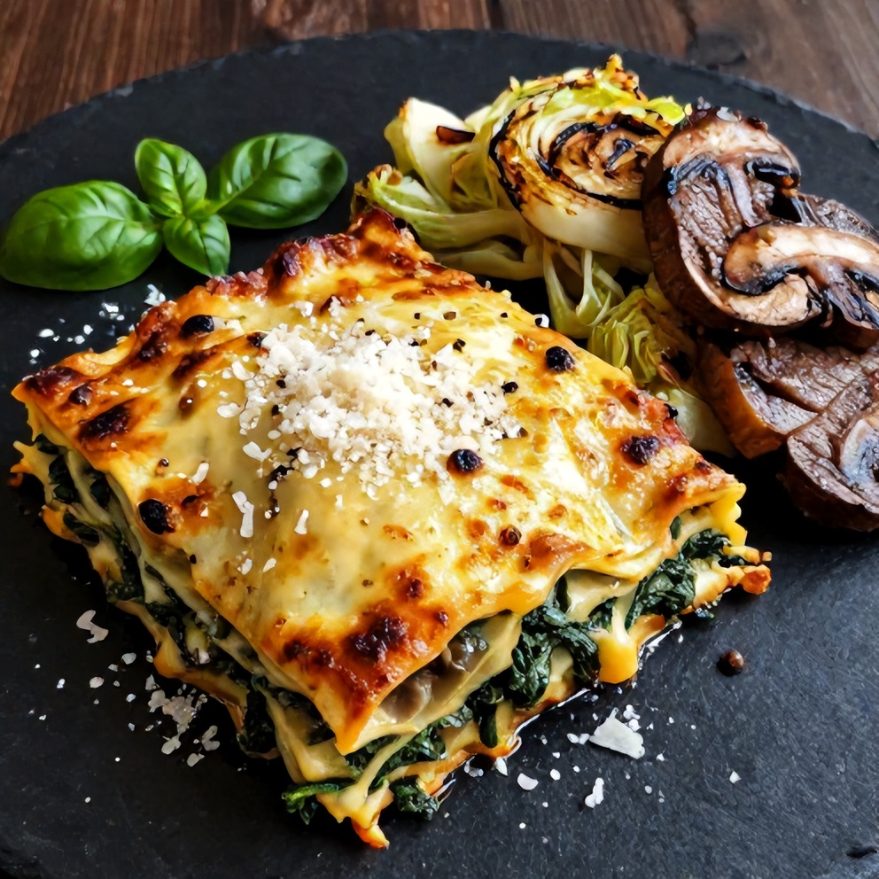 Mushroom Spinach Lasagna plated with a side of garlic roasted cabbage steaks
