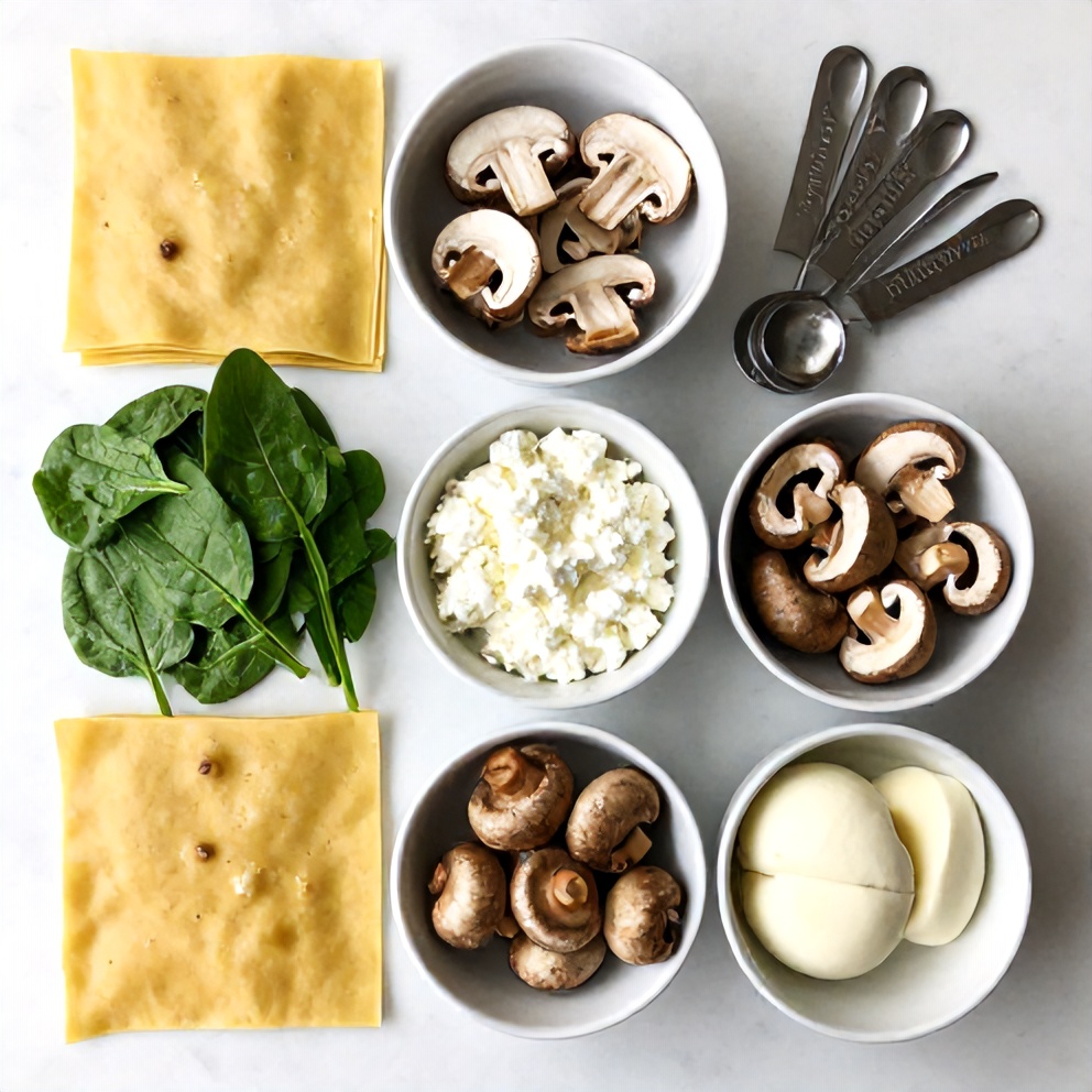 Raw ingredients for Mushroom Spinach Lasagna: lasagna noodles, spinach, mushrooms, ricotta, mozzarella, parmesan, garlic, onion, canned tomatoes, tomato paste, seasonings