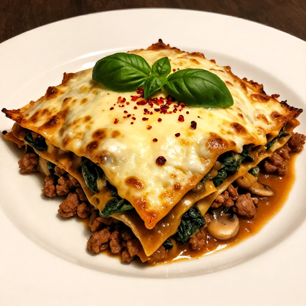 Plated Mushroom Spinach Lasagna