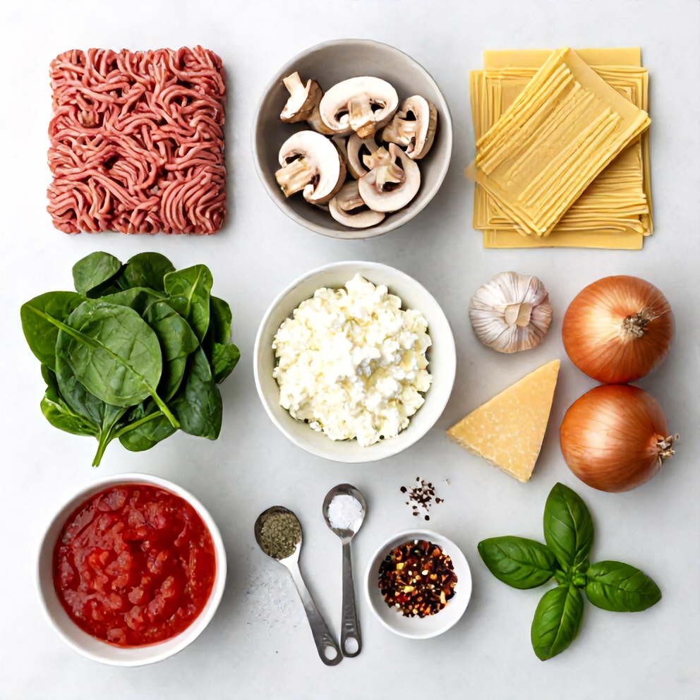 Raw Ingredients for Mushroom Spinach Lasagna