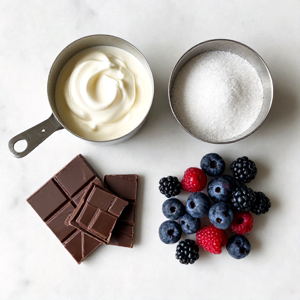 Dark chocolate, heavy cream, sugar, and fresh berries arranged on a wooden surface
