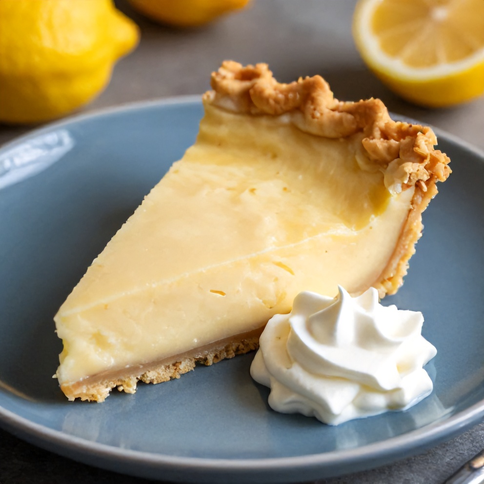 Sliced no bake lemon pie on a blue plate with a dollop of whipped cream