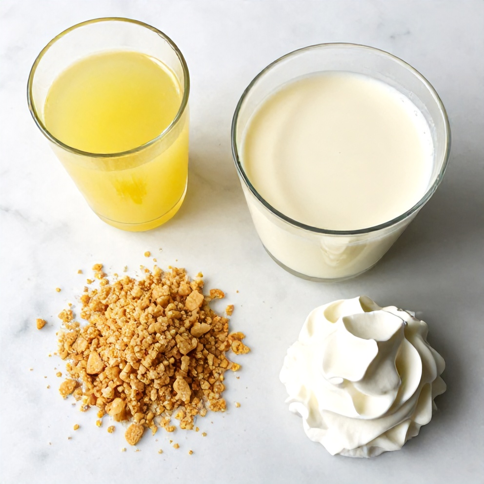 Graham cracker crumbs, lemon juice, sweetened condensed milk, and whipped cream arranged on a marble surface