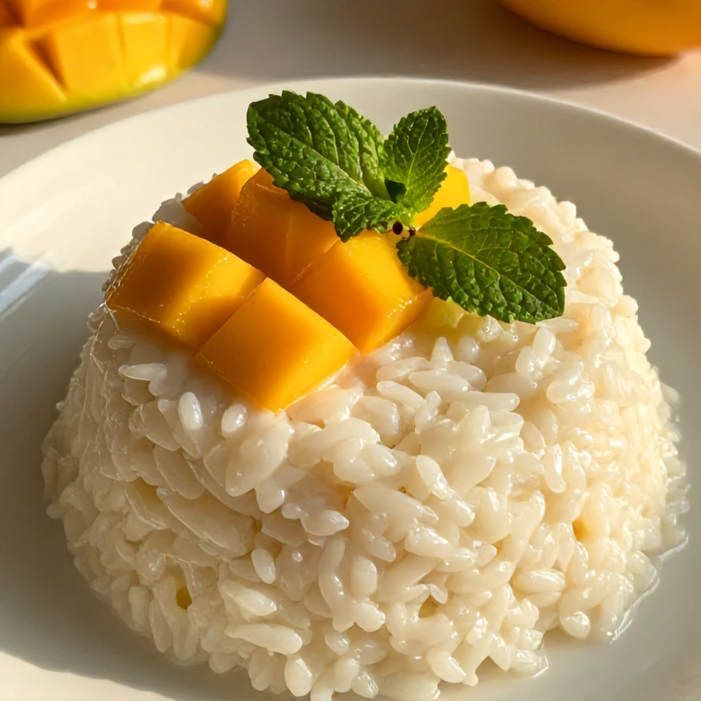 Served Mango Coconut Rice Pudding with Fresh Mint