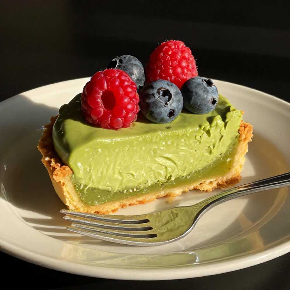 Sliced Matcha Coconut Cream Tart on a dessert plate with a fork