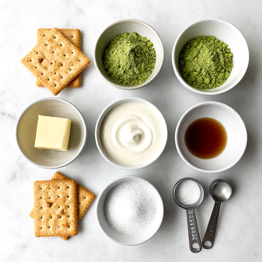 Matcha powder, coconut cream, graham crackers, sugar, and butter on a marble surface