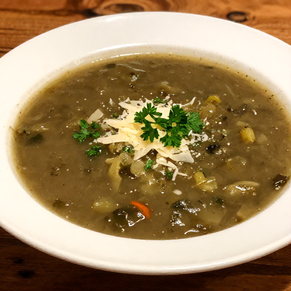 Bowl of Olive Garden vegetable soup garnished with parsley and Parmesan