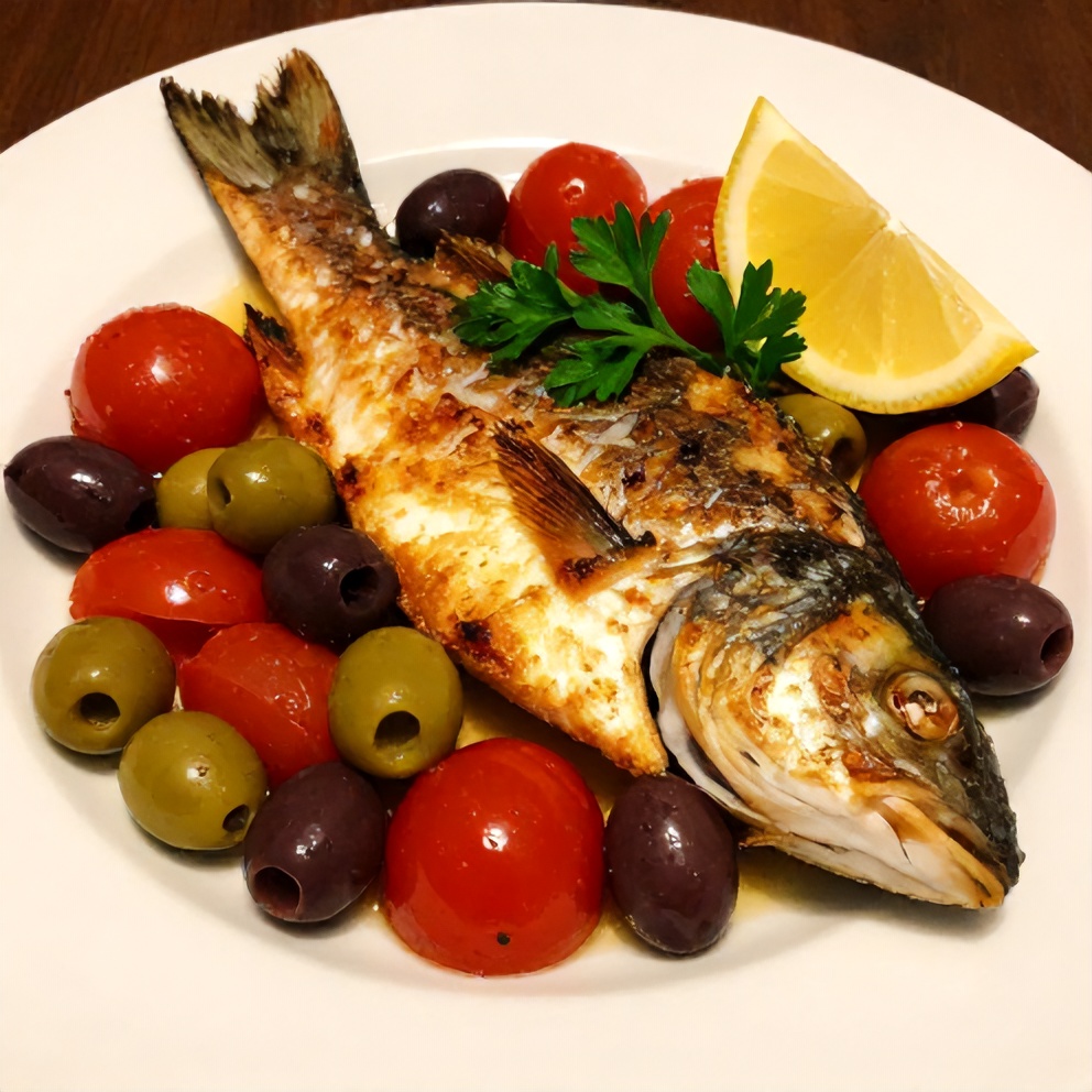 Plated serving of crispy oven baked sea bass with olives and cherry tomatoes