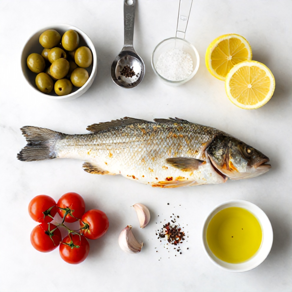 Raw ingredients for oven baked sea bass with olives and cherry tomatoes